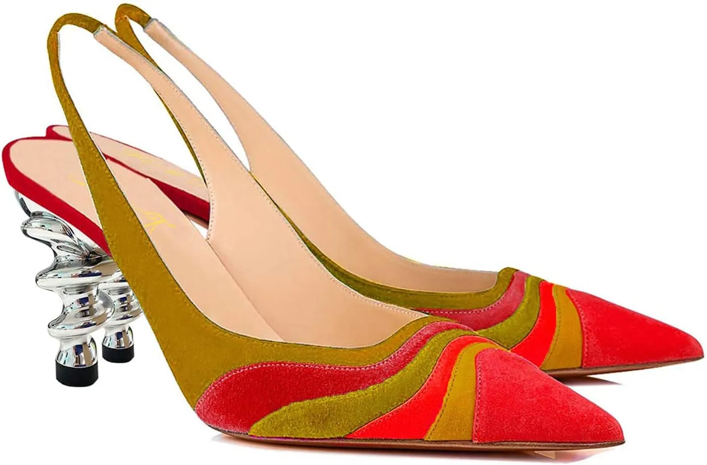 FOWT Women Rainbow Color Stripes Strange Spiral High Heel Pumps Slip On Pointed Toe Slingback Sandals Fashion Shoes 4-16
