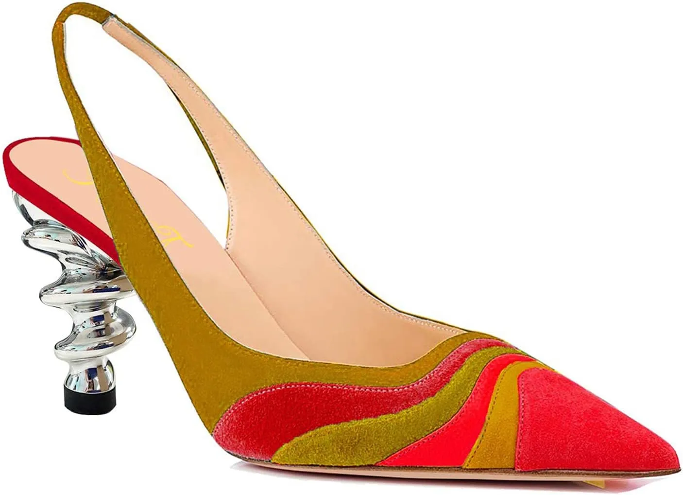 FOWT Women Rainbow Color Stripes Strange Spiral High Heel Pumps Slip On Pointed Toe Slingback Sandals Fashion Shoes 4-16