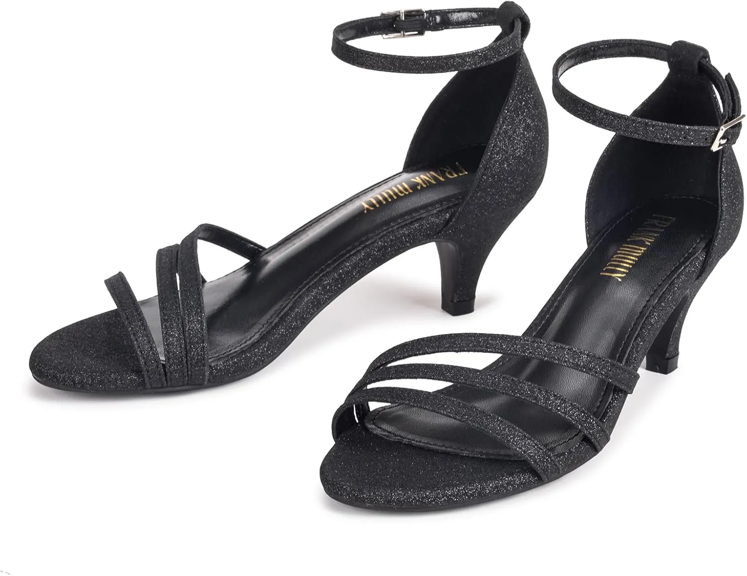 Frank Mully Women's Sparkly Low Kitten Heel Open Toe Sandals Ankle Strap Glitter Bridal Wedding Dress Pump Shoes