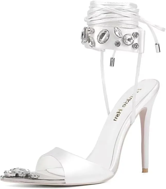 Frankie Hsu Women's Large Big Size Lace Up Luxury Crystal Rhinestone Green Gem Stiletto Satin High Heeled Sandals