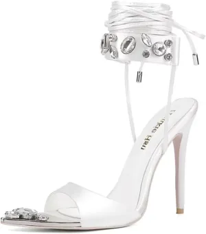 Frankie Hsu Women's Large Big Size Lace Up Luxury Crystal Rhinestone Green Gem Stiletto Satin High Heeled Sandals