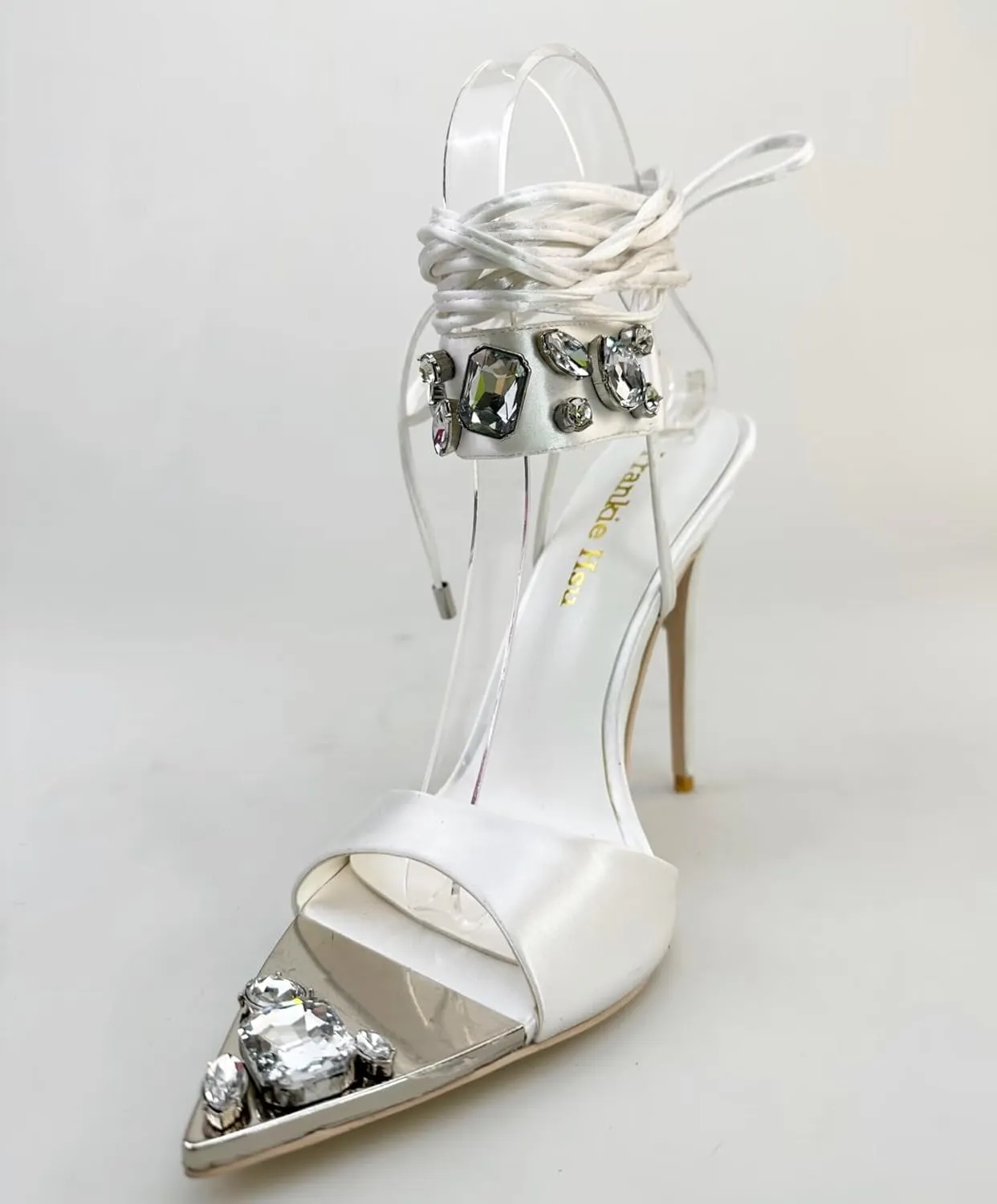 Frankie Hsu Women's Large Big Size Lace Up Luxury Crystal Rhinestone Green Gem Stiletto Satin High Heeled Sandals