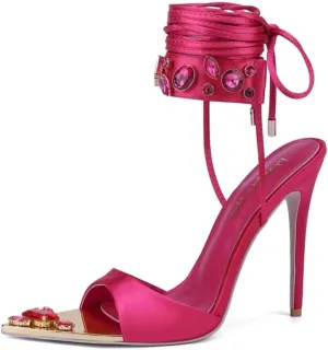 Frankie Hsu Women's Large Big Size Lace Up Luxury Crystal Rhinestone Green Gem Stiletto Satin High Heeled Sandals