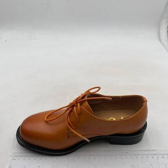 FSJ Women Brown Leather Classic Lace up Flat Oxford Low Heel Round Toe Casual