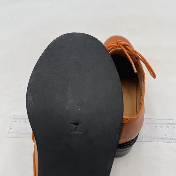 FSJ Women Brown Leather Classic Lace up Flat Oxford Low Heel Round Toe Casual