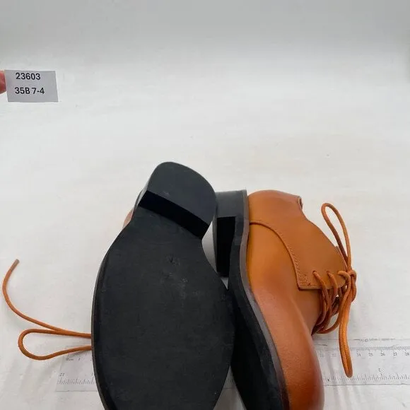 FSJ Women Brown Leather Classic Lace up Flat Oxford Low Heel Round Toe Casual
