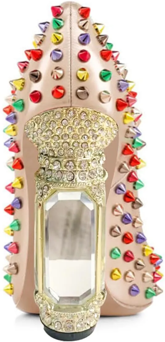 FSJ Women Sexy Studded Rivets Crystal Chunky High Heel Pumps Classic Closed Pointed Toe Slip On Basic Spikes Heel Ladies Party Wedding Shoes Size 4-16 US