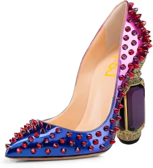 FSJ Women Sexy Studded Rivets Crystal Chunky High Heel Pumps Classic Closed Pointed Toe Slip On Basic Spikes Heel Ladies Party Wedding Shoes Size 4-16 US