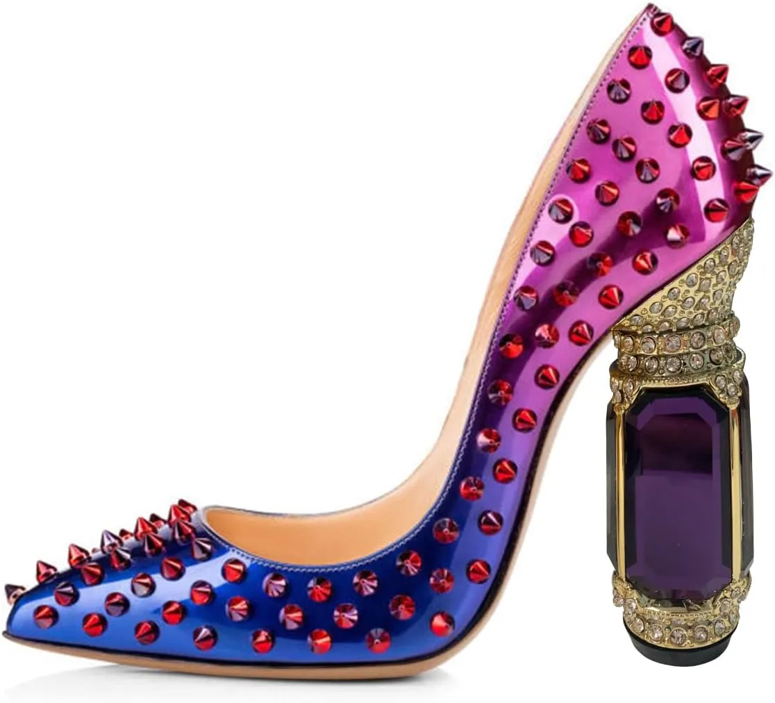 FSJ Women Sexy Studded Rivets Crystal Chunky High Heel Pumps Classic Closed Pointed Toe Slip On Basic Spikes Heel Ladies Party Wedding Shoes Size 4-16 US