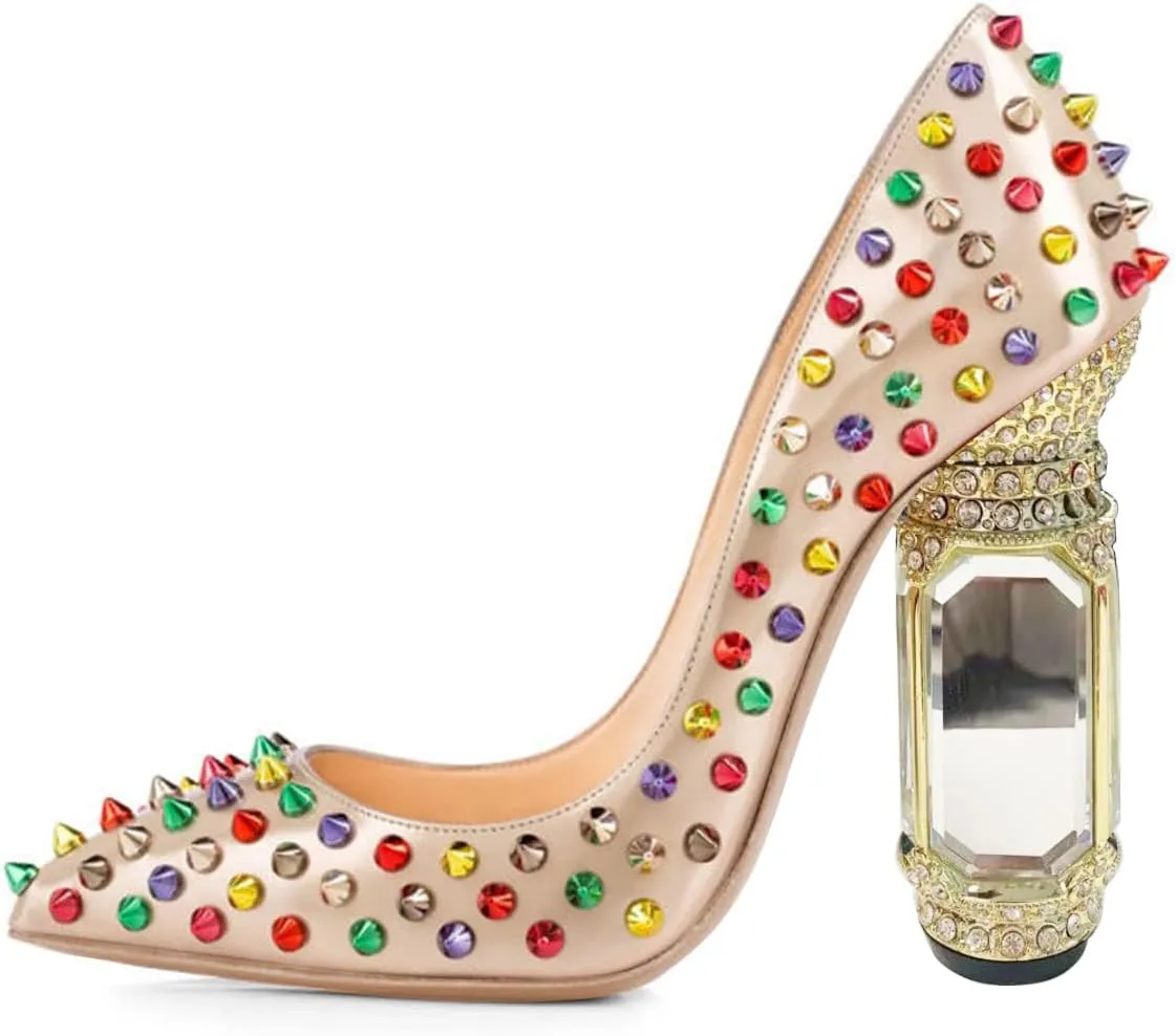 FSJ Women Sexy Studded Rivets Crystal Chunky High Heel Pumps Classic Closed Pointed Toe Slip On Basic Spikes Heel Ladies Party Wedding Shoes Size 4-16 US