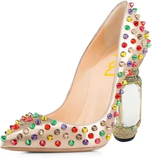 FSJ Women Sexy Studded Rivets Crystal Chunky High Heel Pumps Classic Closed Pointed Toe Slip On Basic Spikes Heel Ladies Party Wedding Shoes Size 4-16 US