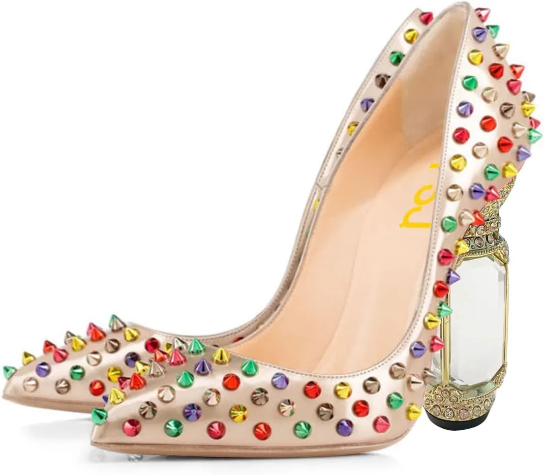 FSJ Women Sexy Studded Rivets Crystal Chunky High Heel Pumps Classic Closed Pointed Toe Slip On Basic Spikes Heel Ladies Party Wedding Shoes Size 4-16 US