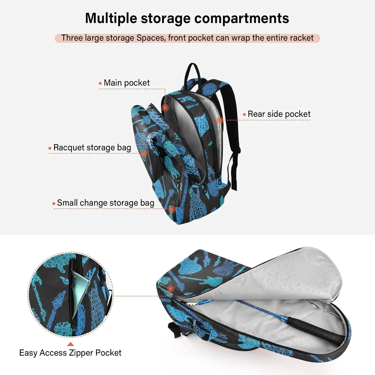 GAIGEO Basketball Sports Doodles Black Tennis Racket Backpack, Large Capacity Pickleball Holder, Various Storage Methods