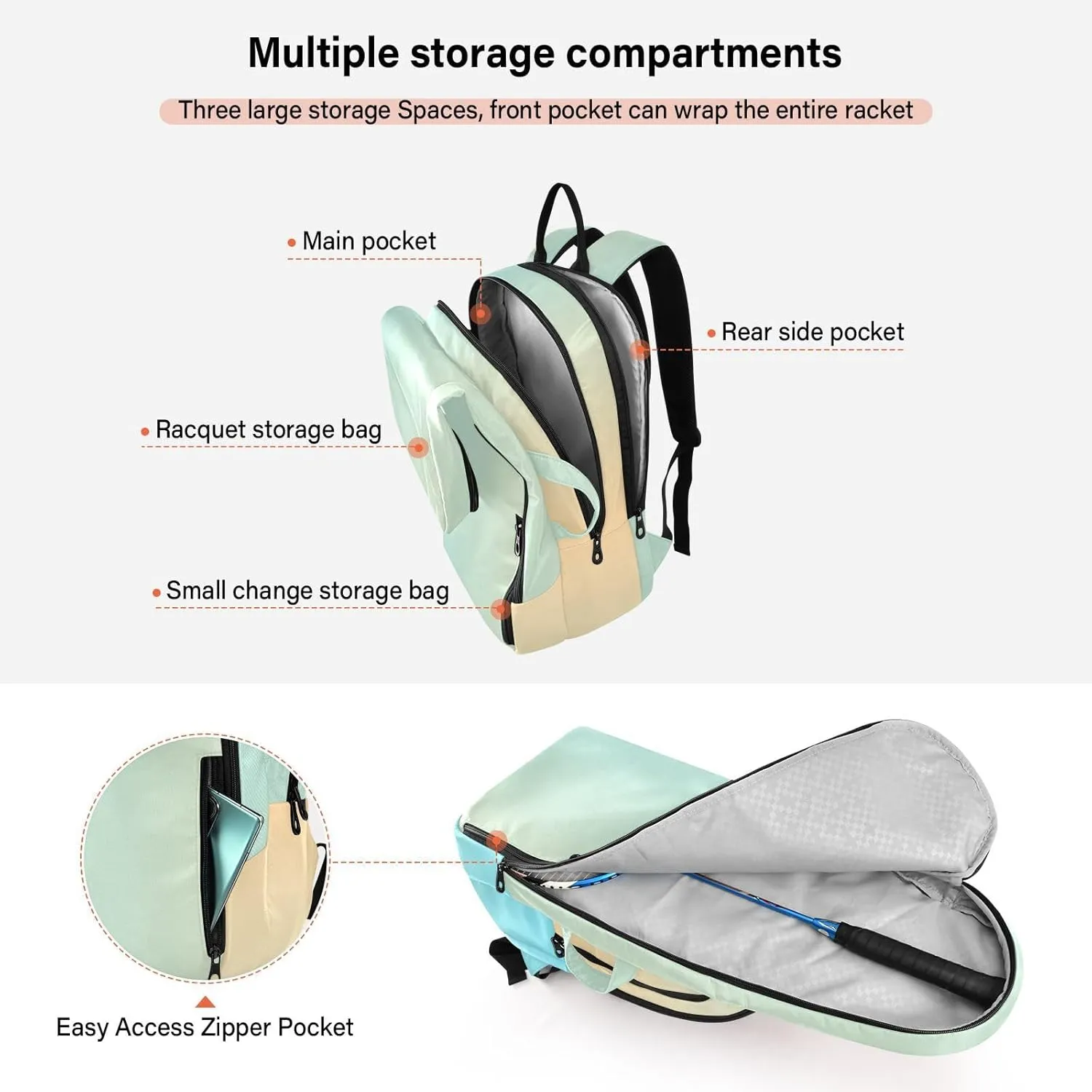 GAIGEO Teal Turquoise Glitter Sparkle Racket Bag, Multilayer Design Pickle Ball Bag, Sports and Daily Use