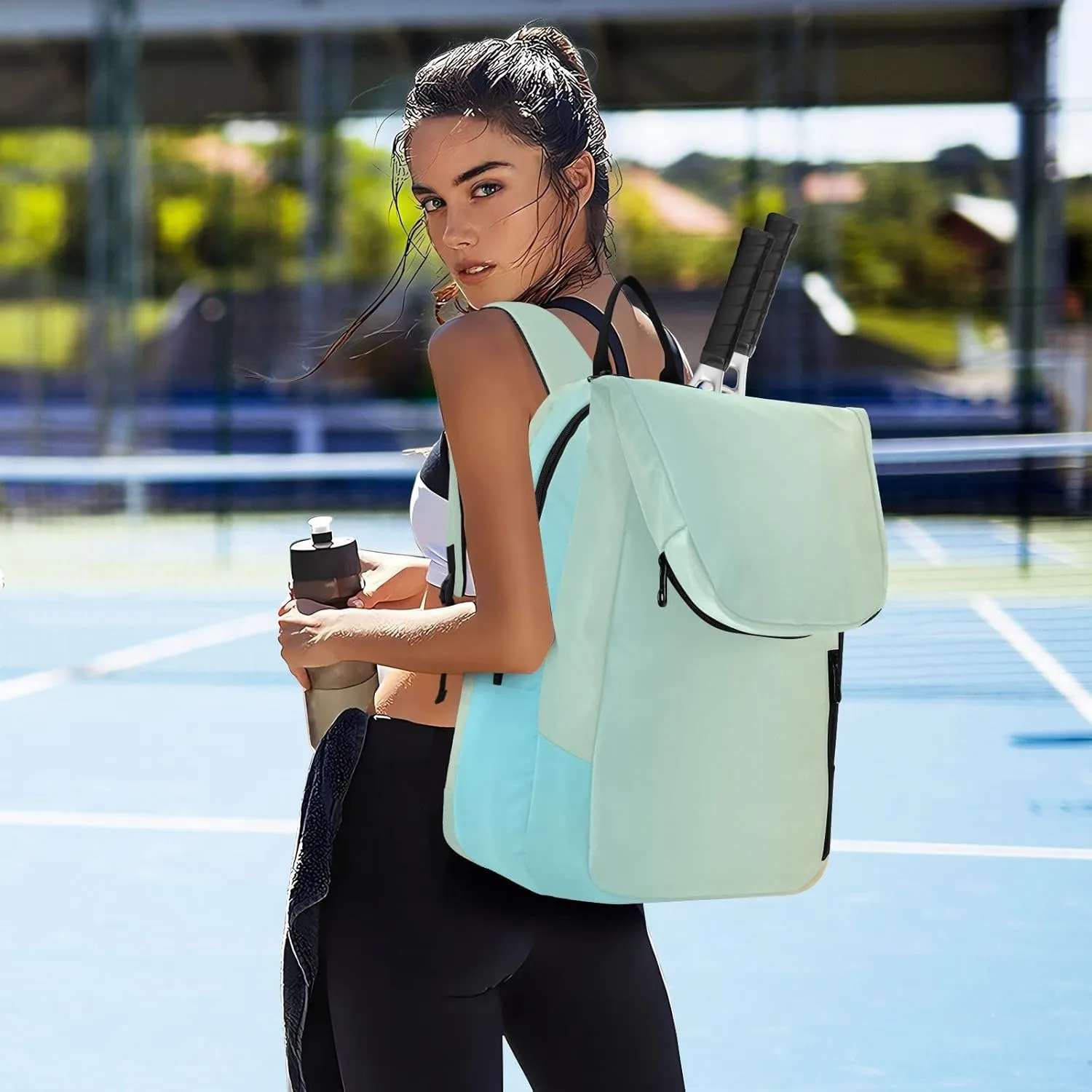 GAIGEO Teal Turquoise Glitter Sparkle Racket Bag, Multilayer Design Pickle Ball Bag, Sports and Daily Use