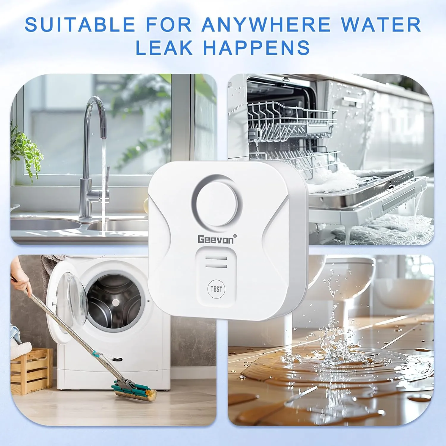 Geevon 5 Pack Water Leak Detectors for Home, 100dB Loud Water Alarm Sensor Leak Detection with Drip Alert for Basements, Laundry Rooms, Kitchen, IP56 Waterproof(Battery Included)