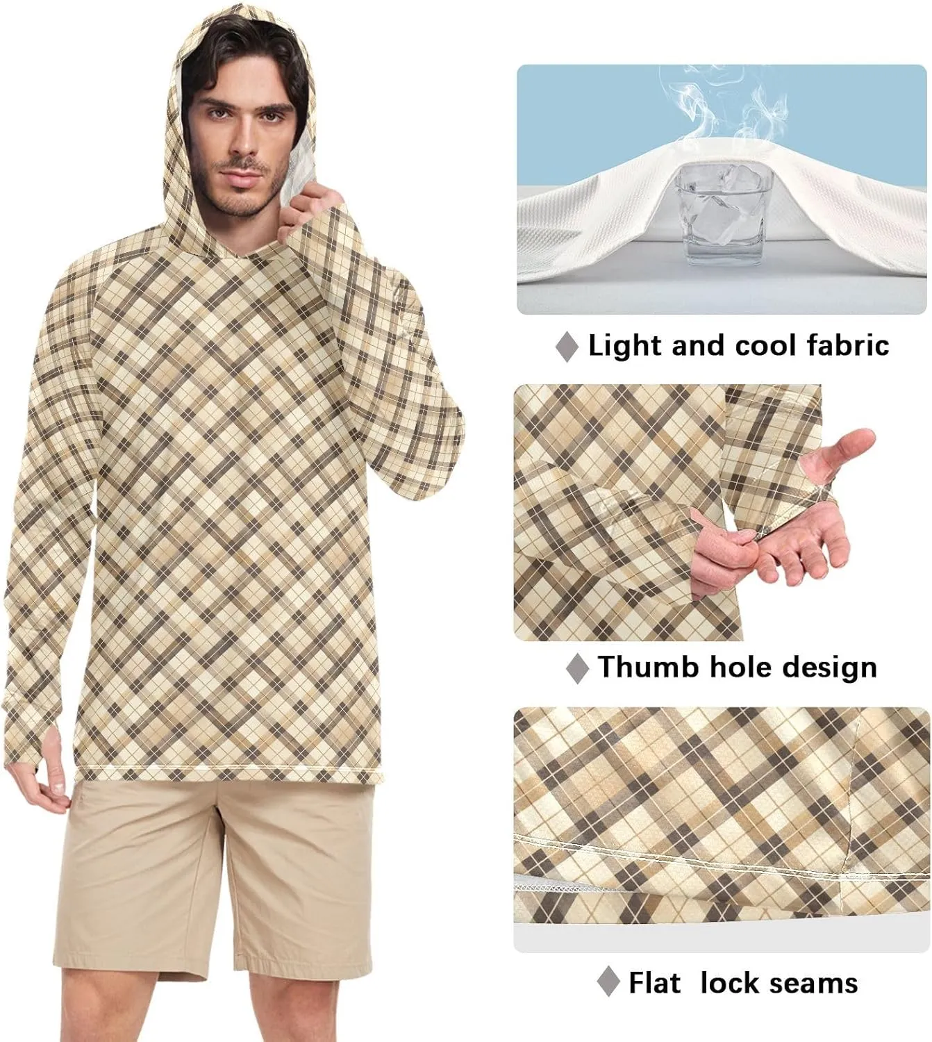 Gingham Khaki Men Sun Protection Hoodies Long Sleeve Sun Shirt with Hood UPF 50  Cooling Hoodies Mens Rash Guard