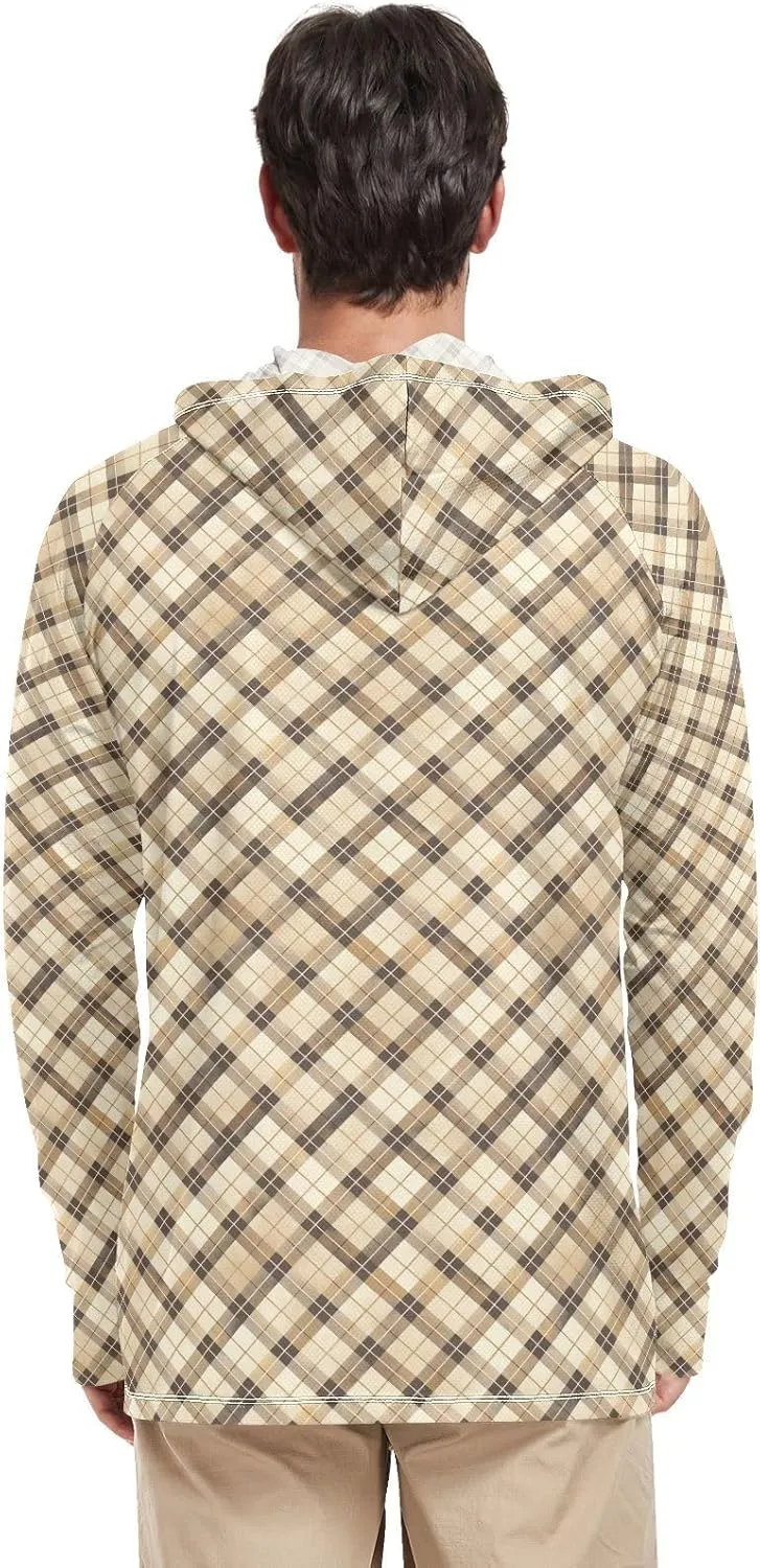 Gingham Khaki Men Sun Protection Hoodies Long Sleeve Sun Shirt with Hood UPF 50  Cooling Hoodies Mens Rash Guard