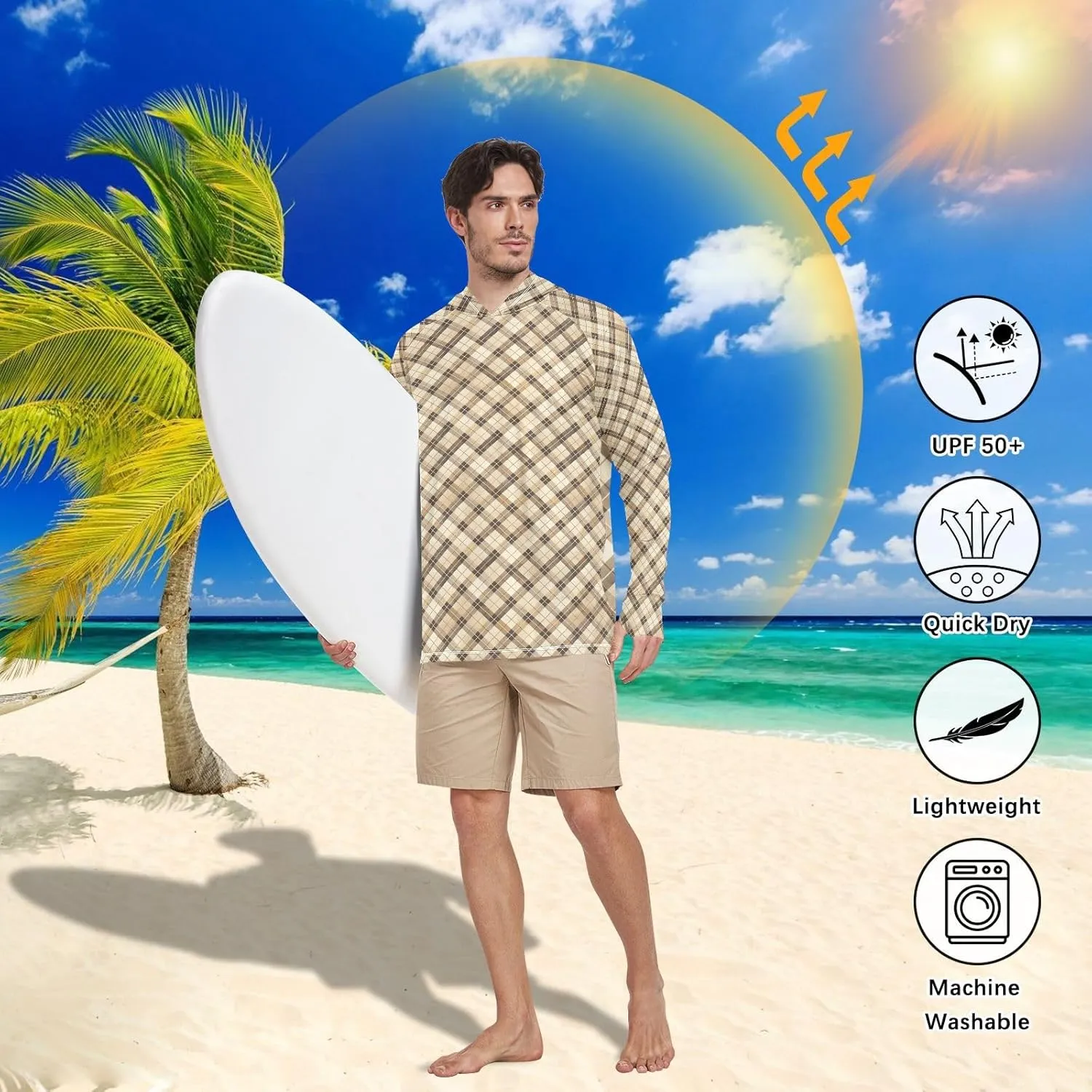 Gingham Khaki Men Sun Protection Hoodies Long Sleeve Sun Shirt with Hood UPF 50  Cooling Hoodies Mens Rash Guard