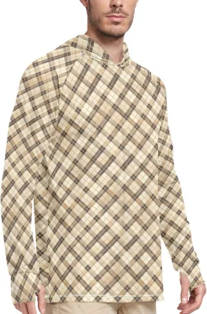 Gingham Khaki Men Sun Protection Hoodies Long Sleeve Sun Shirt with Hood UPF 50  Cooling Hoodies Mens Rash Guard