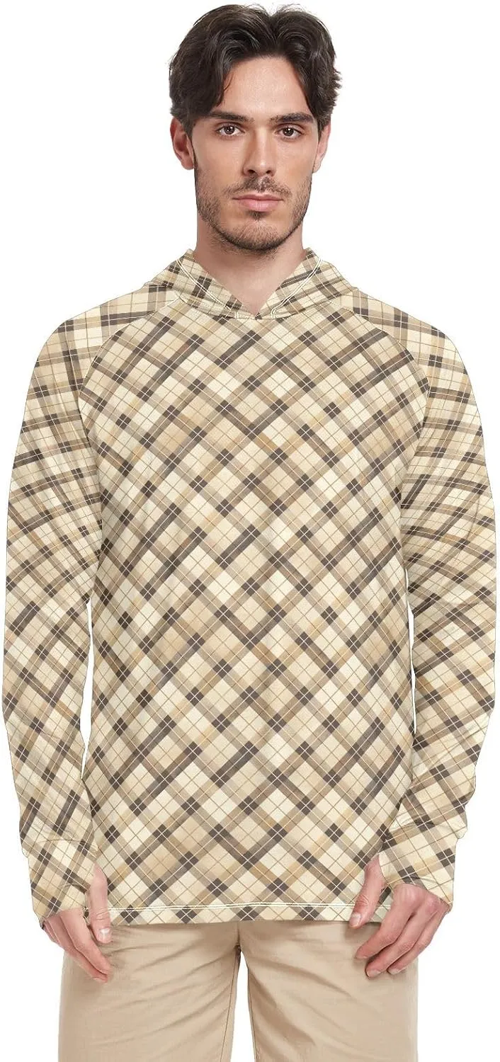 Gingham Khaki Men Sun Protection Hoodies Long Sleeve Sun Shirt with Hood UPF 50  Cooling Hoodies Mens Rash Guard