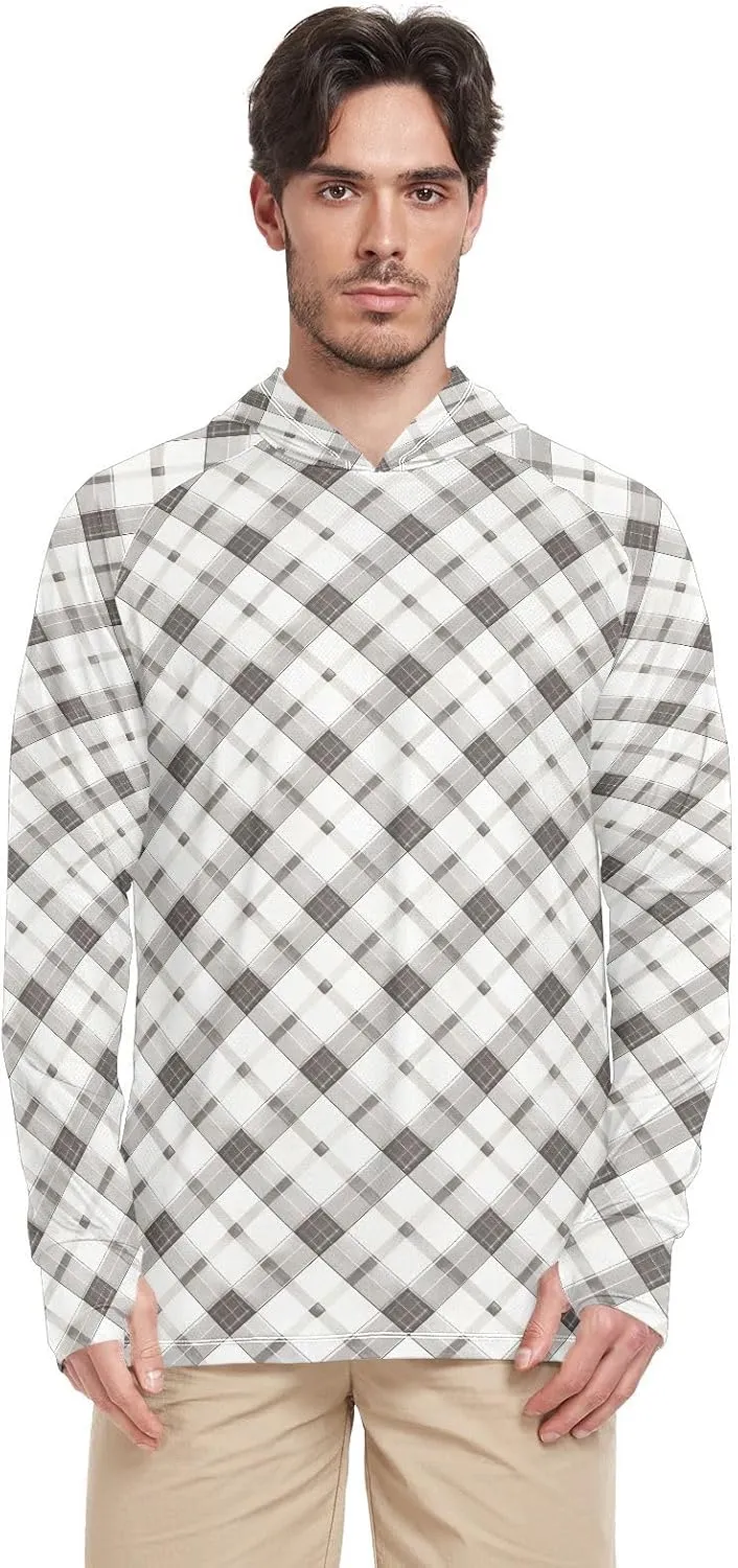 Gingham Stone Gray Men's Sun Protection Hoodie Long Sleeve Sun Shirt with Hood UPF 50  Cooling Hoodies Men UV Rash Guards