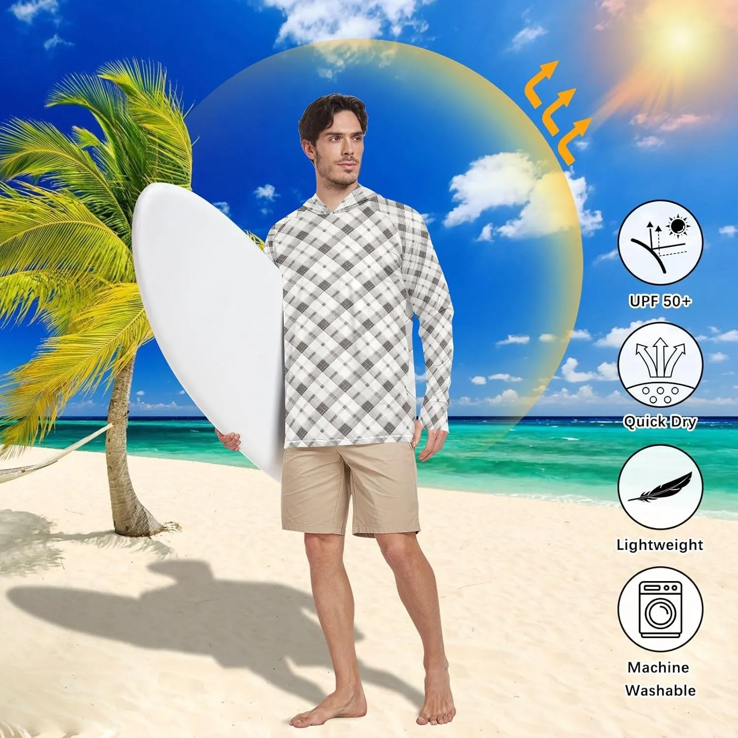 Gingham Stone Gray Men's Sun Protection Hoodie Long Sleeve Sun Shirt with Hood UPF 50  Cooling Hoodies Men UV Rash Guards
