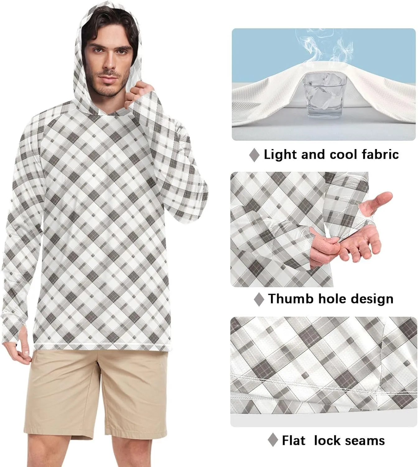 Gingham Stone Gray Men's Sun Protection Hoodie Long Sleeve Sun Shirt with Hood UPF 50  Cooling Hoodies Men UV Rash Guards