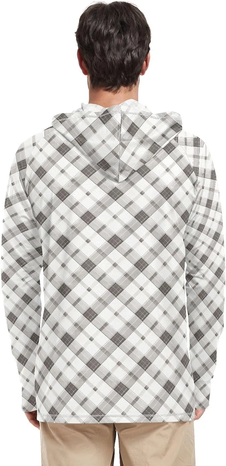 Gingham Stone Gray Men's Sun Protection Hoodie Long Sleeve Sun Shirt with Hood UPF 50  Cooling Hoodies Men UV Rash Guards