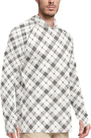 Gingham Stone Gray Men's Sun Protection Hoodie Long Sleeve Sun Shirt with Hood UPF 50  Cooling Hoodies Men UV Rash Guards