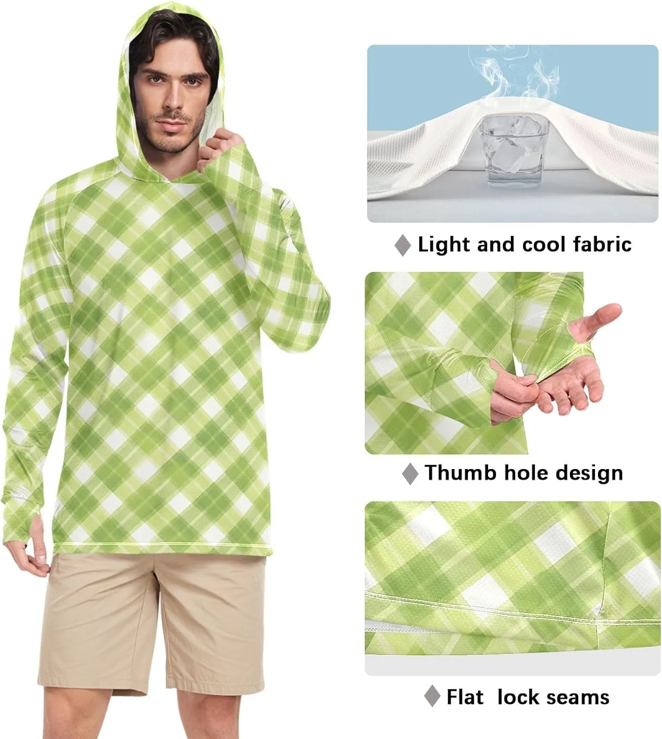 Gingham Sun Protection Hoodies Long Sleeve Sun Shirt with Hood UPF 50  Sun Hoodies Men Rash Guards
