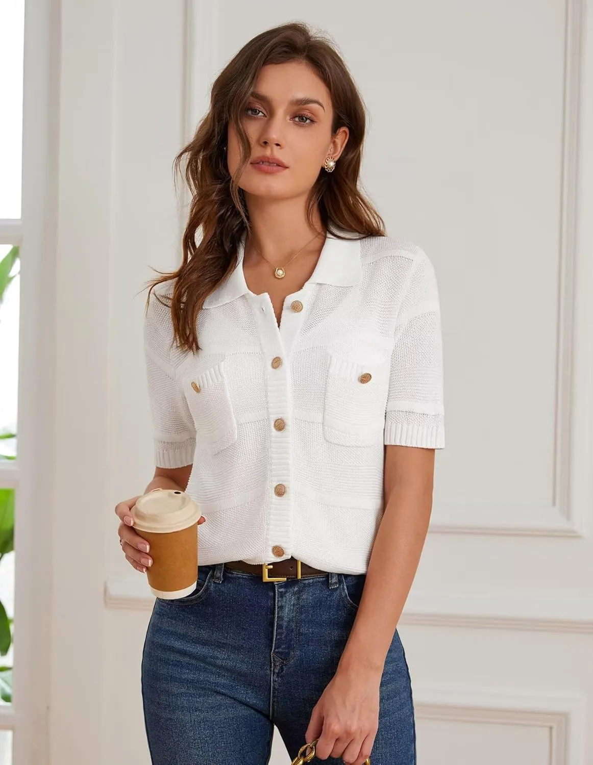 GRACE KARIN Women's Short Sleeve Summer Lightweight Cardigan Sweaters Button Up Polo Neck Crochet Blouse Dressy Casual