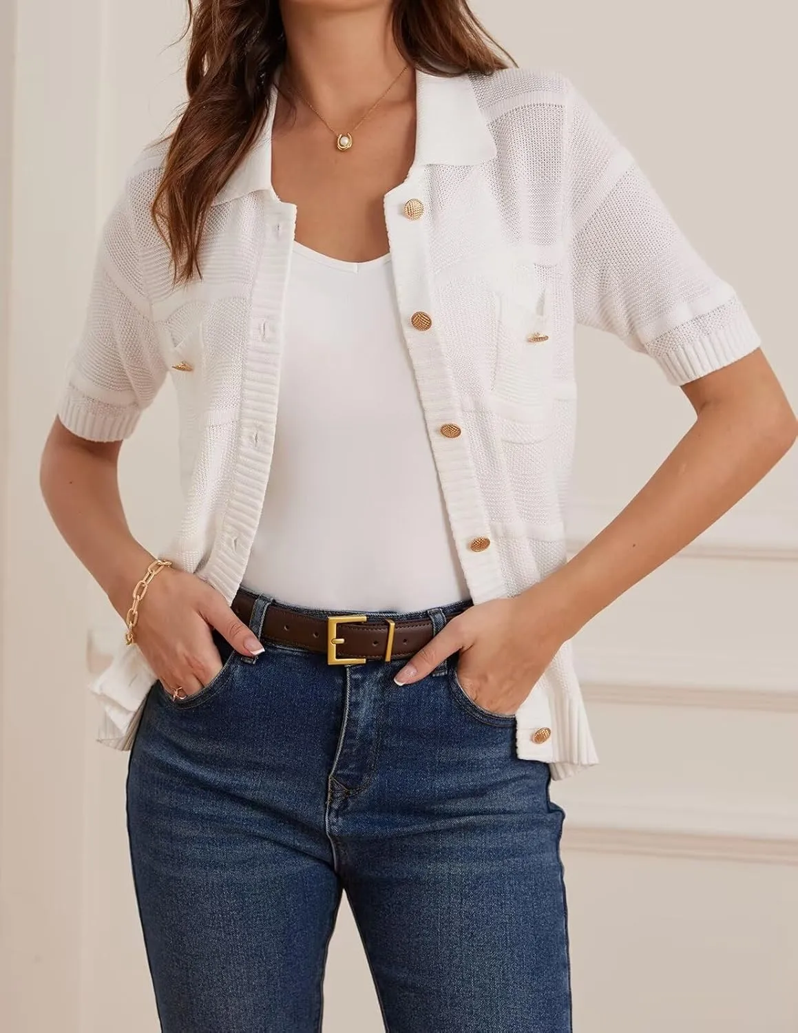 GRACE KARIN Women's Short Sleeve Summer Lightweight Cardigan Sweaters Button Up Polo Neck Crochet Blouse Dressy Casual