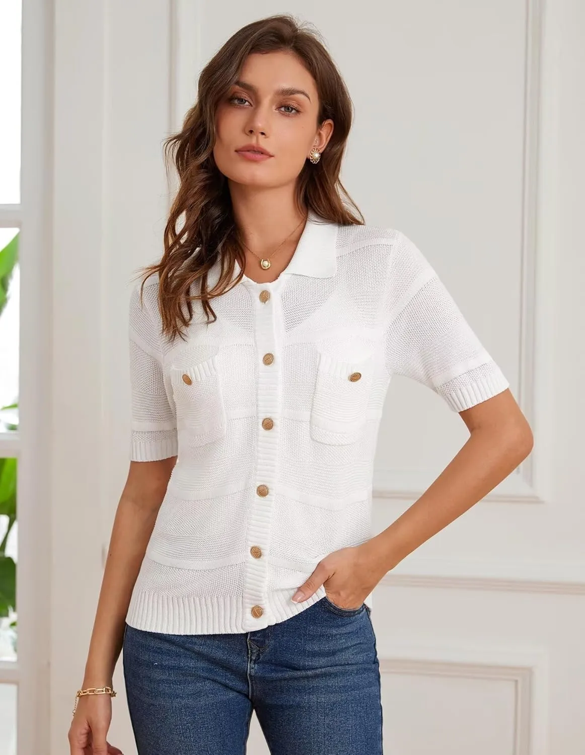 GRACE KARIN Women's Short Sleeve Summer Lightweight Cardigan Sweaters Button Up Polo Neck Crochet Blouse Dressy Casual