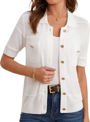 GRACE KARIN Women's Short Sleeve Summer Lightweight Cardigan Sweaters Button Up Polo Neck Crochet Blouse Dressy Casual