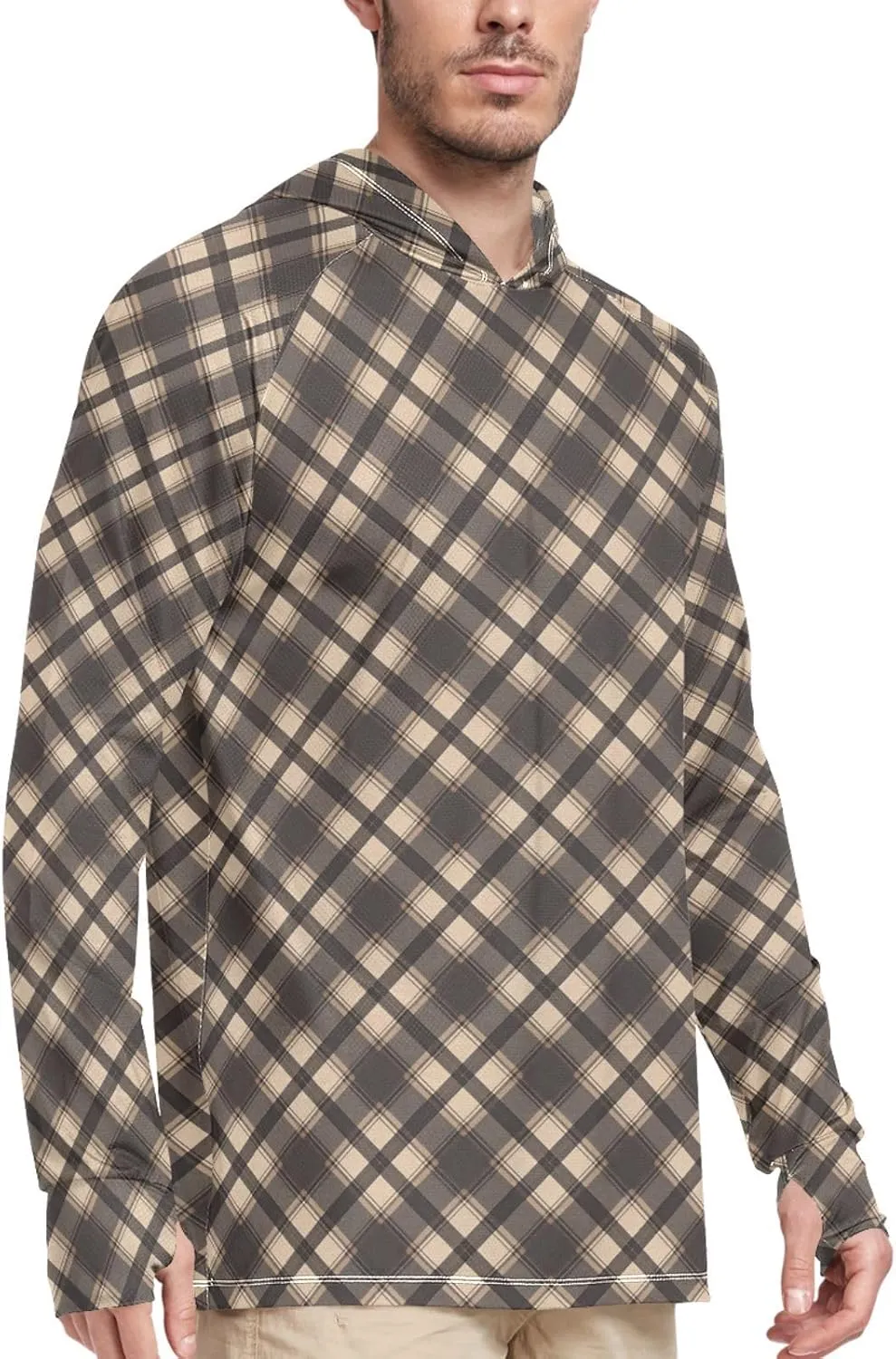 Gunmetal Gray Gingham Mens Hoodie Sun Protection Long Sleeve Fishing Shirt UPF 50  Sailing Shirts Hooded UV Rashguard for Men