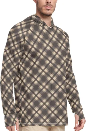 Gunmetal Gray Gingham Mens Hoodie Sun Protection Long Sleeve Fishing Shirt UPF 50  Sailing Shirts Hooded UV Rashguard for Men