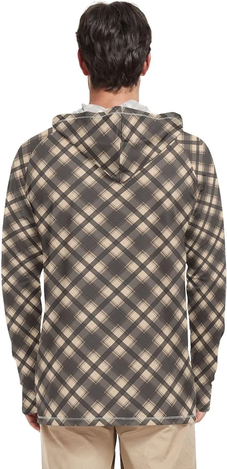 Gunmetal Gray Gingham Mens Hoodie Sun Protection Long Sleeve Fishing Shirt UPF 50  Sailing Shirts Hooded UV Rashguard for Men