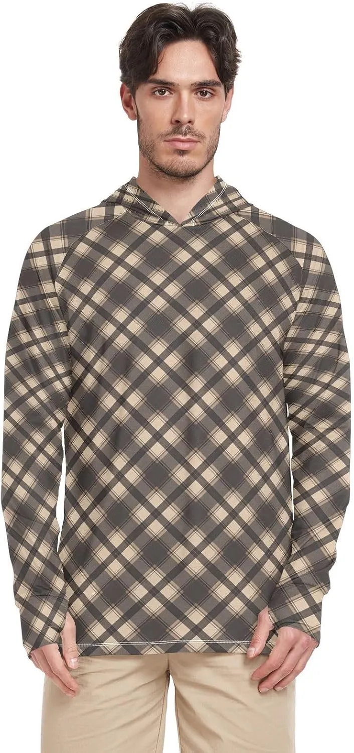 Gunmetal Gray Gingham Mens Hoodie Sun Protection Long Sleeve Fishing Shirt UPF 50  Sailing Shirts Hooded UV Rashguard for Men