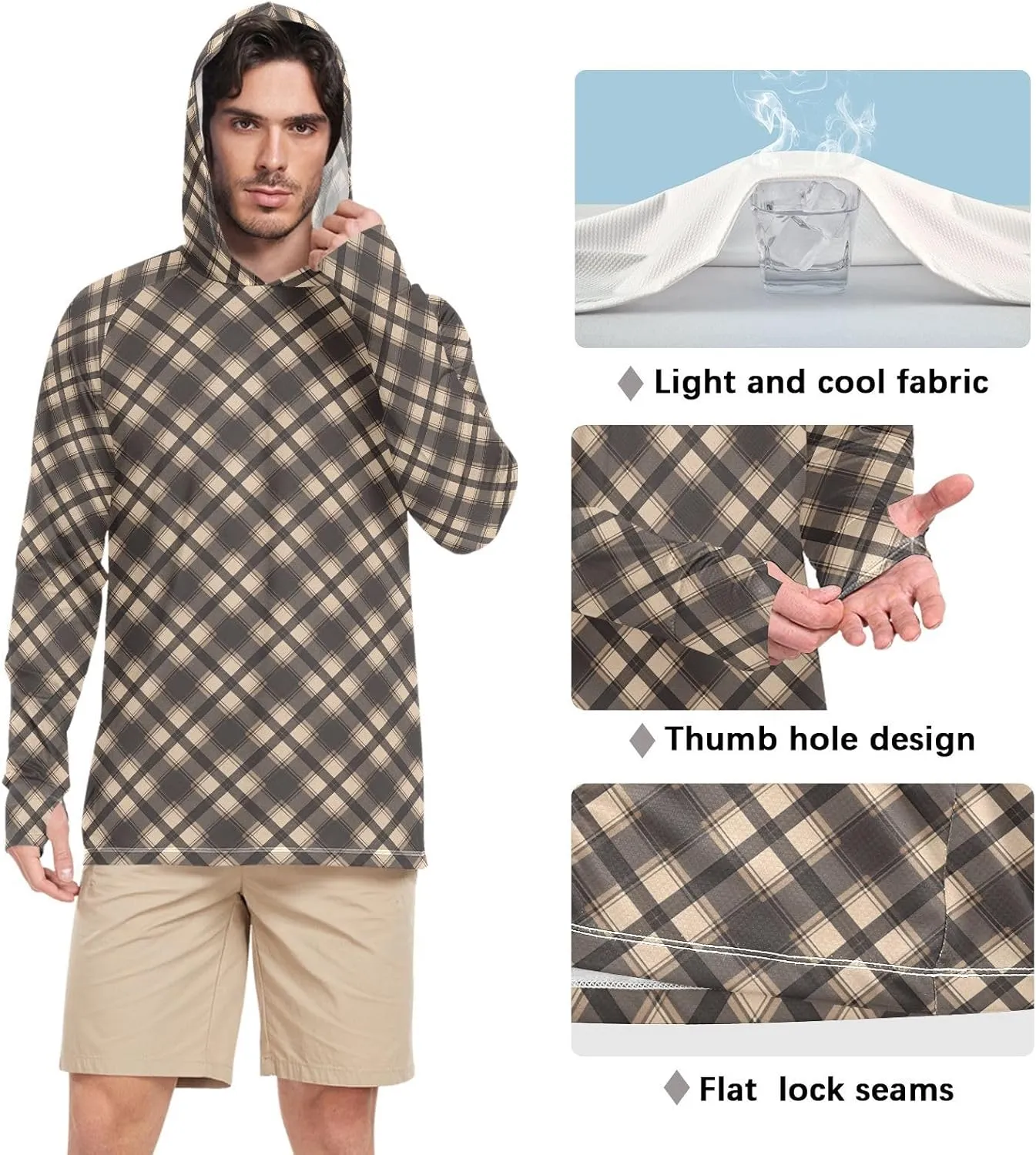 Gunmetal Gray Gingham Mens Hoodie Sun Protection Long Sleeve Fishing Shirt UPF 50  Sailing Shirts Hooded UV Rashguard for Men