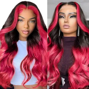 haha Black and Pink Ombre Wig Human Hair Hot Pink Highlight Lace Front Wig 13x6 Body Wave Hd Lace Frontal Skunk Stripe Human Hair Wigs Pre Plucked With Baby Hair 1B/Pink 24 Inch 180% Density