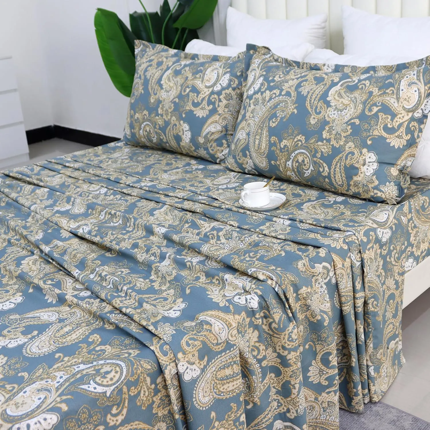 Helthep Full Size Bed Sheet Set - 100% Cotton Blue Paisley Patterned Luxury Soft Breathable Percale Sheets with 16 Inch Deep Pocket - Boho Style College Bedding, 4 Pieces