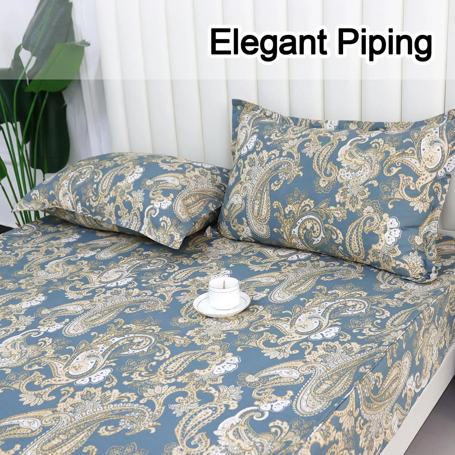 Helthep Full Size Bed Sheet Set - 100% Cotton Blue Paisley Patterned Luxury Soft Breathable Percale Sheets with 16 Inch Deep Pocket - Boho Style College Bedding, 4 Pieces
