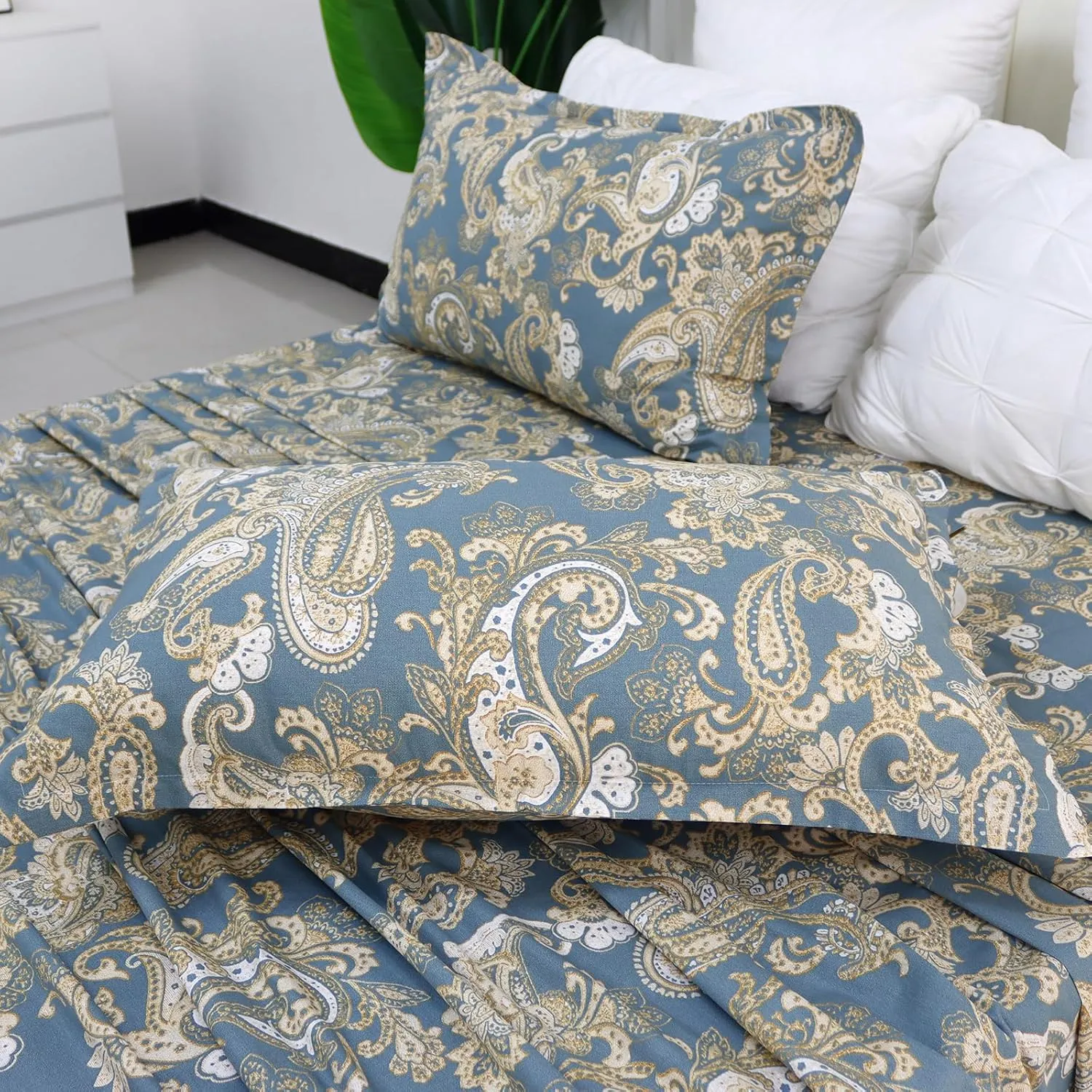 Helthep Full Size Bed Sheet Set - 100% Cotton Blue Paisley Patterned Luxury Soft Breathable Percale Sheets with 16 Inch Deep Pocket - Boho Style College Bedding, 4 Pieces