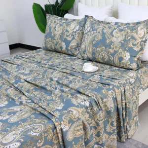 Helthep Full Size Bed Sheet Set - 100% Cotton Blue Paisley Patterned Luxury Soft Breathable Percale Sheets with 16 Inch Deep Pocket - Boho Style College Bedding, 4 Pieces