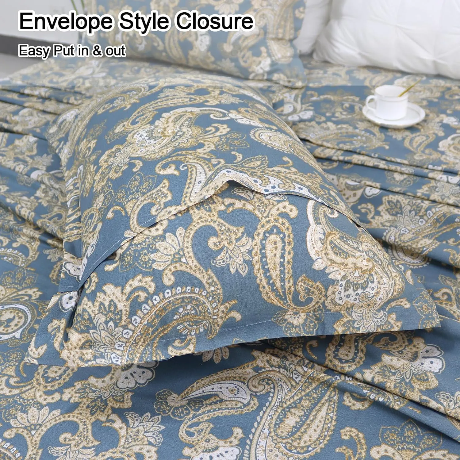 Helthep Full Size Bed Sheet Set - 100% Cotton Blue Paisley Patterned Luxury Soft Breathable Percale Sheets with 16 Inch Deep Pocket - Boho Style College Bedding, 4 Pieces