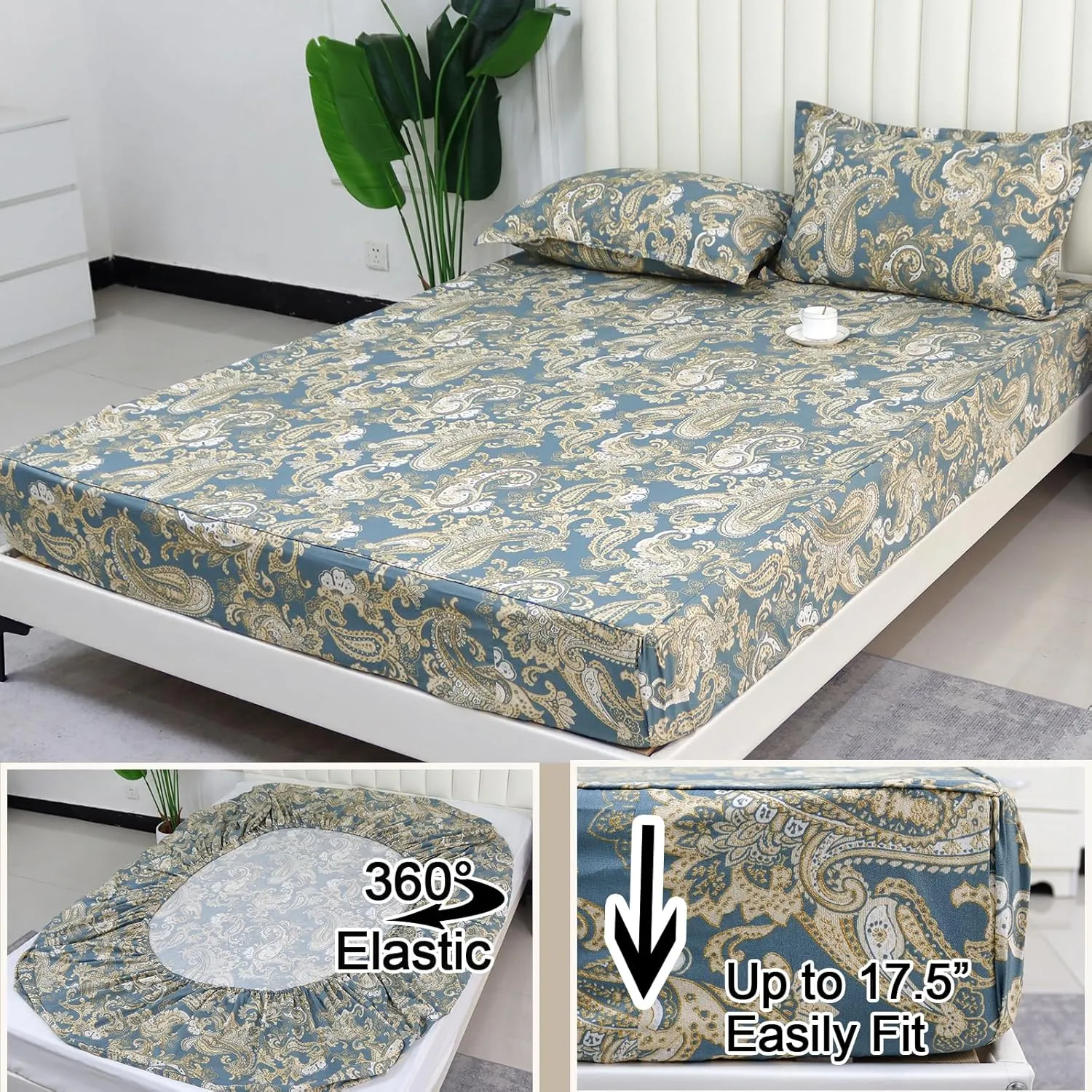 Helthep Full Size Bed Sheet Set - 100% Cotton Blue Paisley Patterned Luxury Soft Breathable Percale Sheets with 16 Inch Deep Pocket - Boho Style College Bedding, 4 Pieces