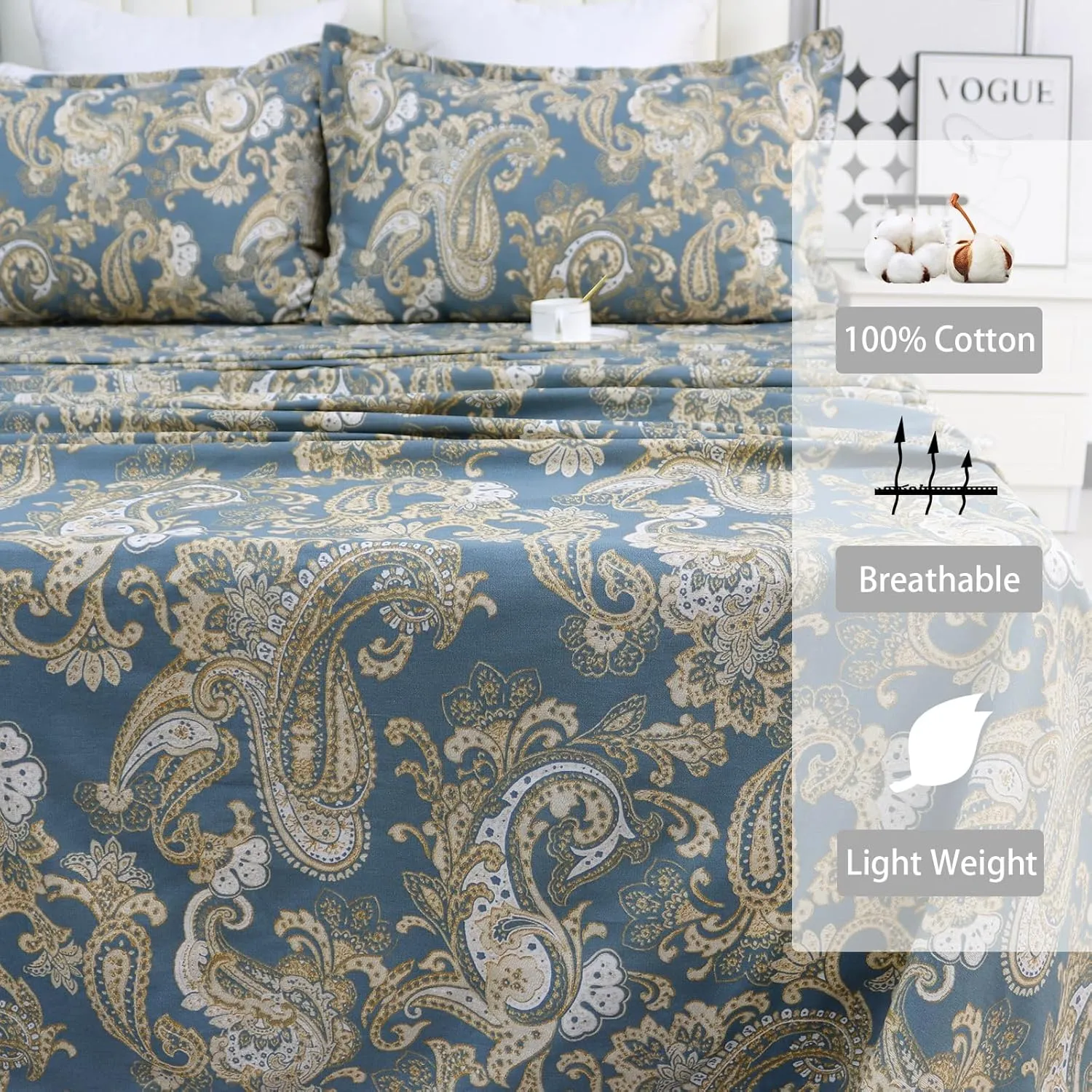 Helthep Full Size Bed Sheet Set - 100% Cotton Blue Paisley Patterned Luxury Soft Breathable Percale Sheets with 16 Inch Deep Pocket - Boho Style College Bedding, 4 Pieces