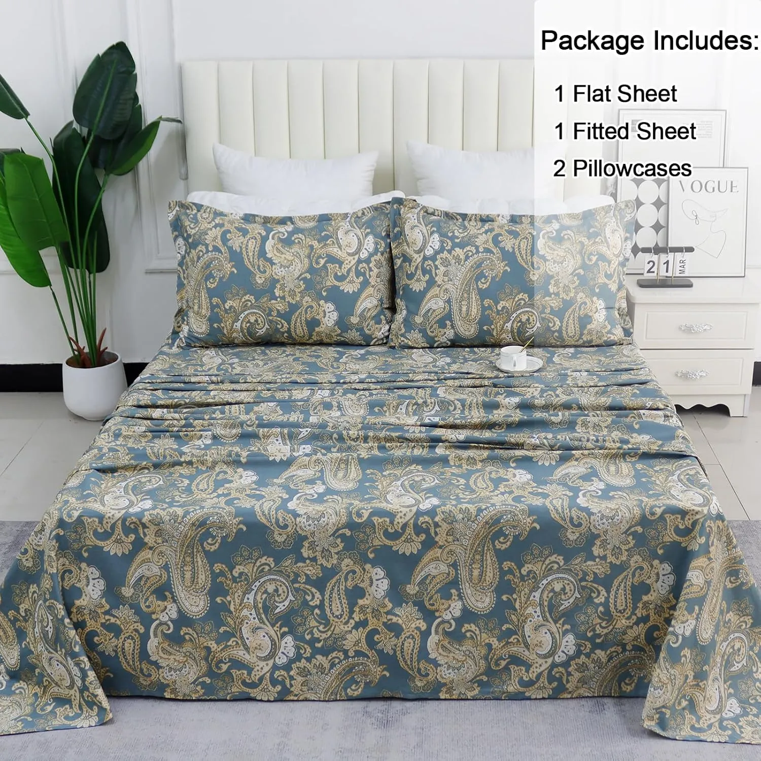 Helthep Full Size Bed Sheet Set - 100% Cotton Blue Paisley Patterned Luxury Soft Breathable Percale Sheets with 16 Inch Deep Pocket - Boho Style College Bedding, 4 Pieces