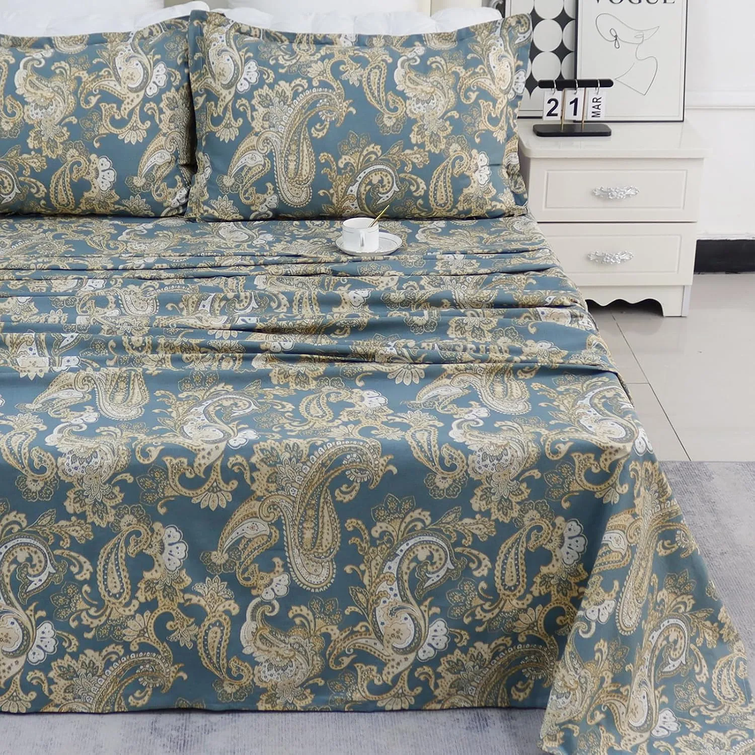 Helthep Full Size Bed Sheet Set - 100% Cotton Blue Paisley Patterned Luxury Soft Breathable Percale Sheets with 16 Inch Deep Pocket - Boho Style College Bedding, 4 Pieces